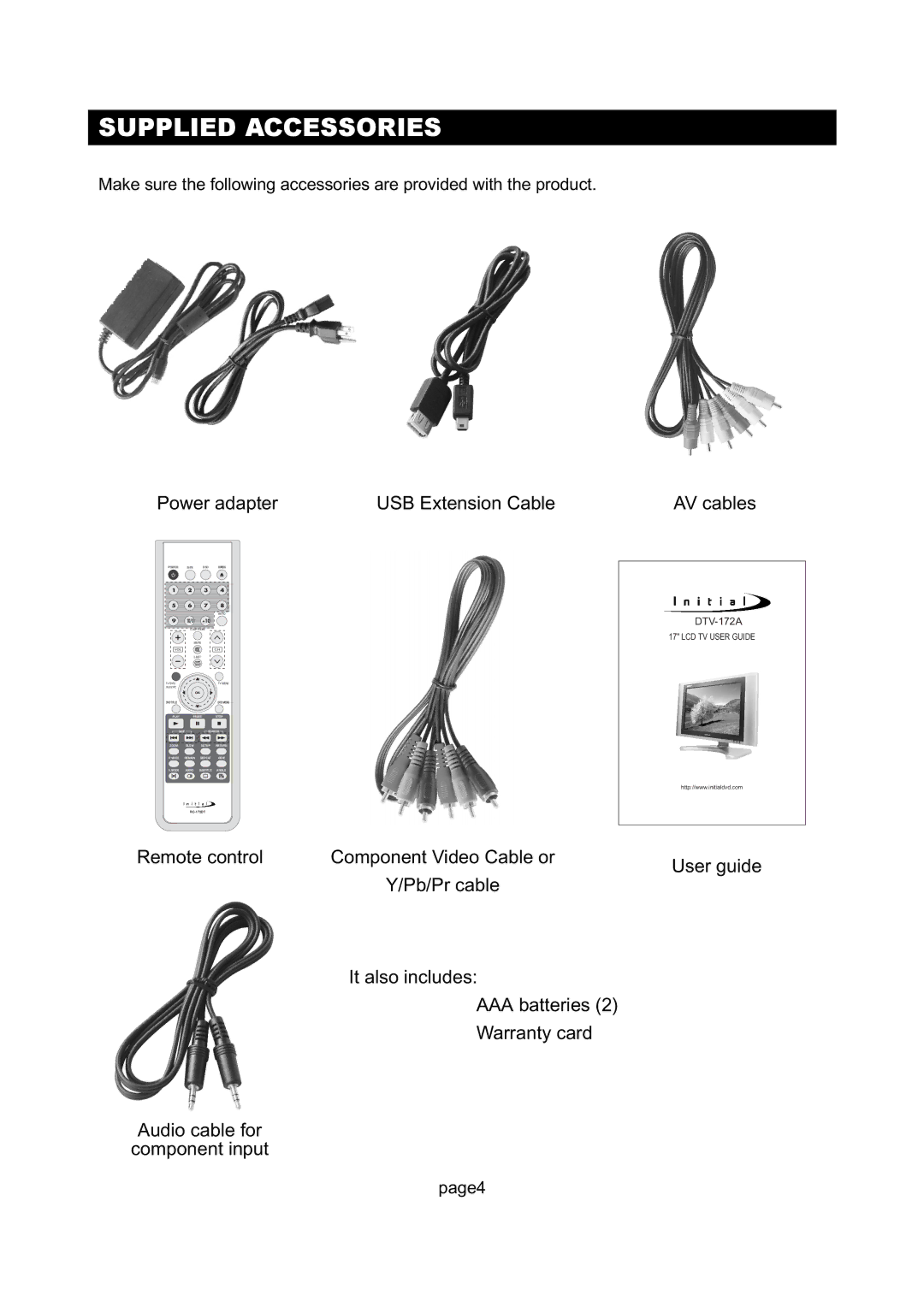 Initial DTV-172A manual Supplied Accessories, Power adapter USB Extension Cable 