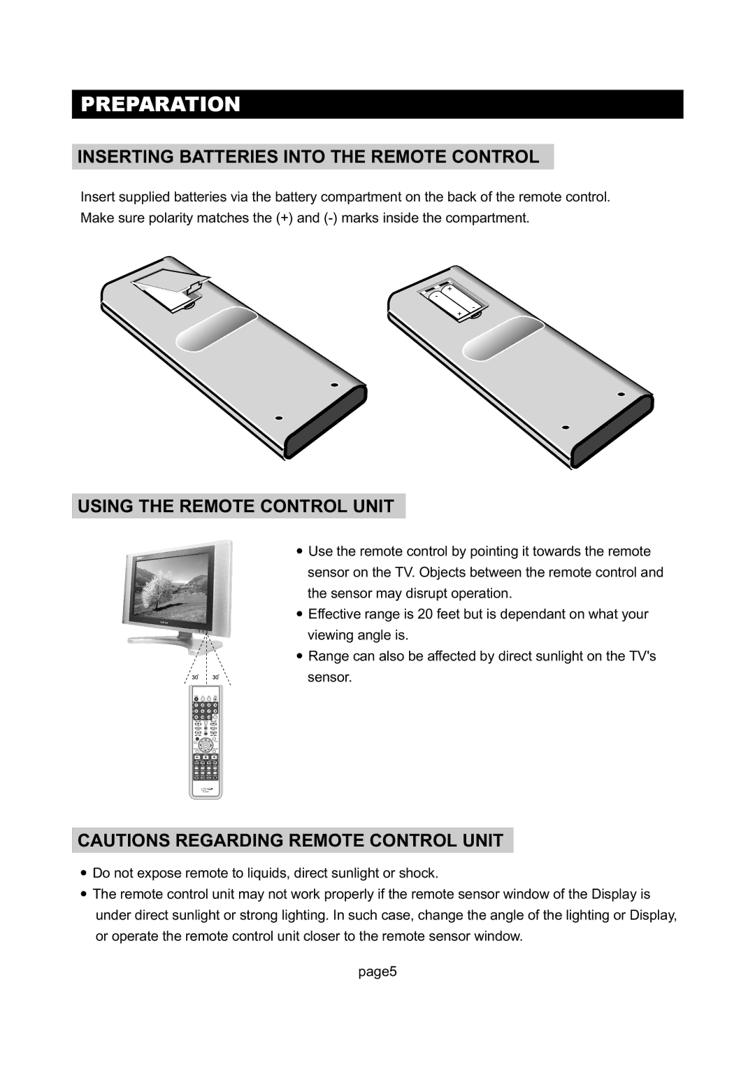 Initial DTV-172A manual Preparation, Inserting Batteries Into the Remote Control, Using the Remote Control Unit 