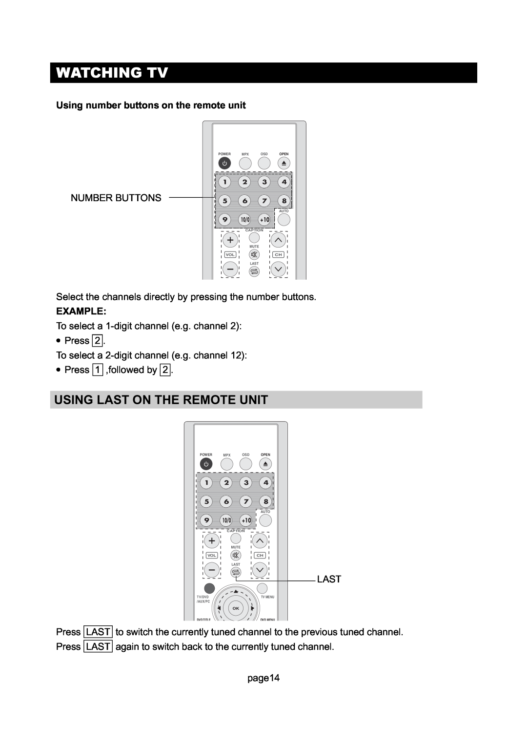 Initial DTV-172A manual Using Last On The Remote Unit, Watching Tv, Using number buttons on the remote unit, Example 