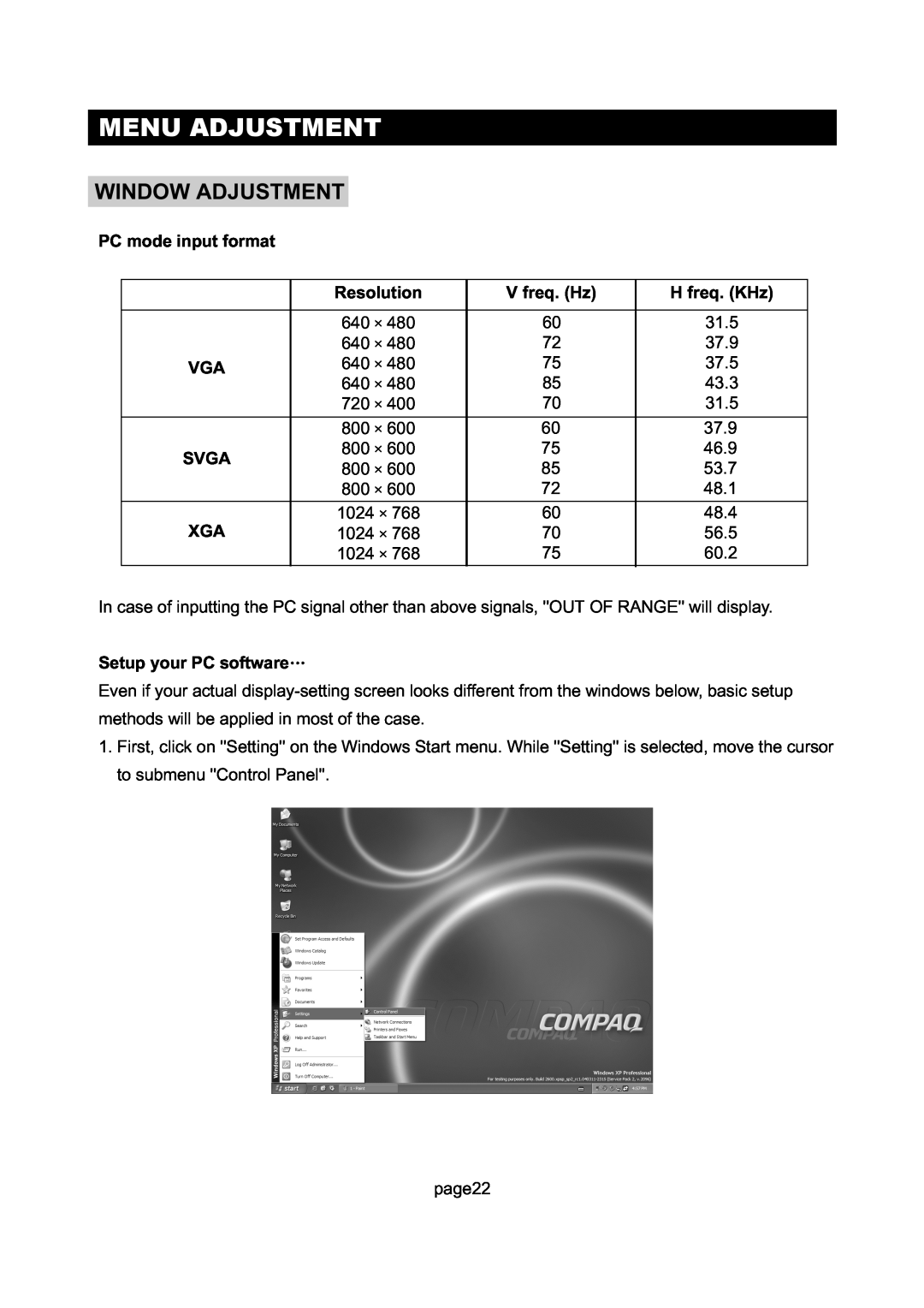 Initial DTV-172A manual Window Adjustment, Menu Adjustment, PC mode input format, Resolution, V freq. Hz, H freq. KHz, Svga 