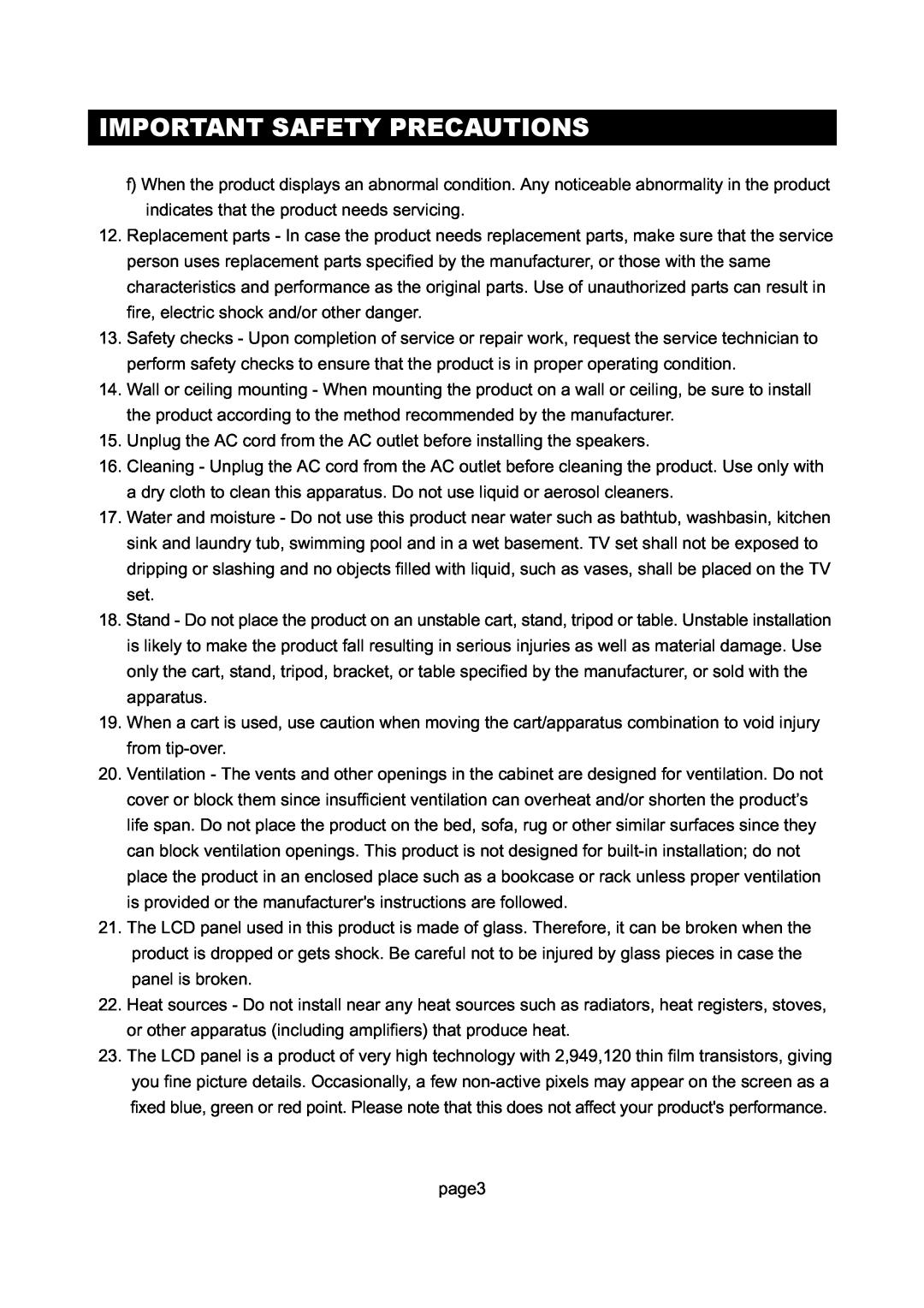 Initial DTV-172A manual Important Safety Precautions, page3 