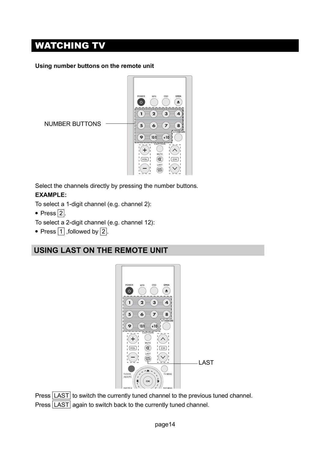 Initial Technology DTV-172 manual Using Last on the Remote Unit, Using number buttons on the remote unit 