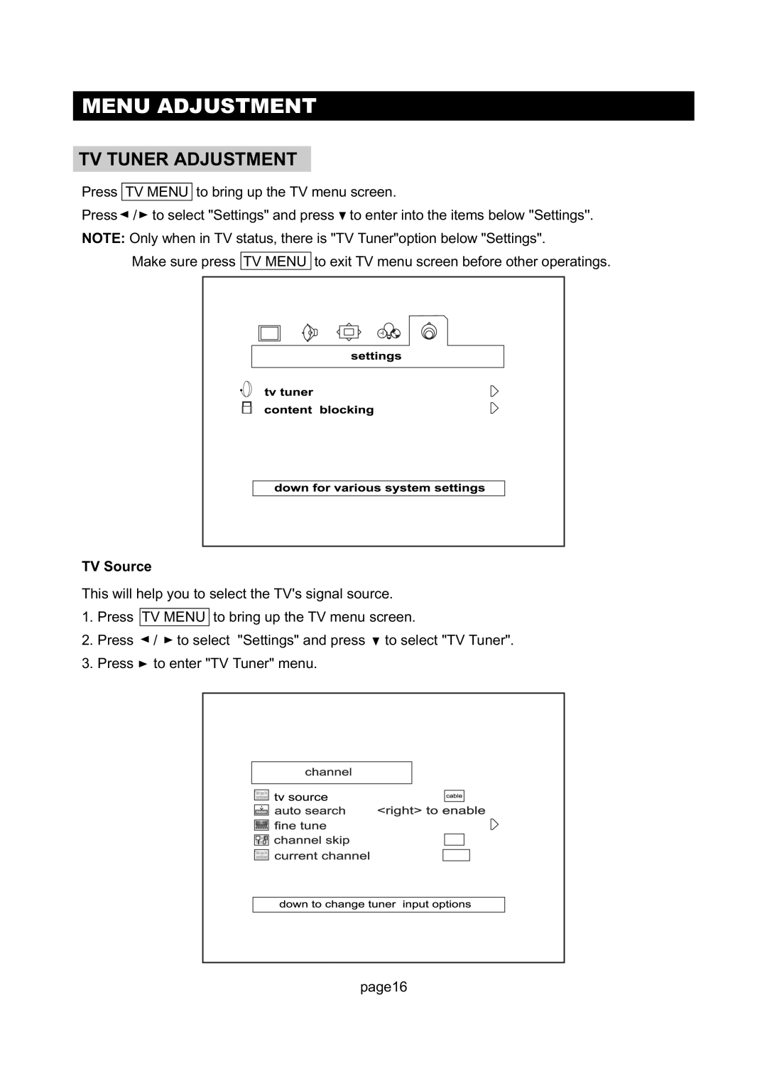 Initial Technology DTV-172 manual Menu Adjustment, TV Tuner Adjustment, TV Source 