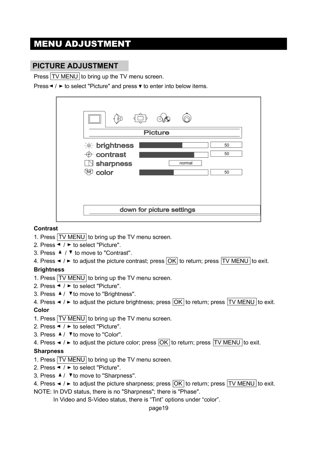 Initial Technology DTV-172 manual Picture Adjustment, Contrast, Brightness, Color, Sharpness 