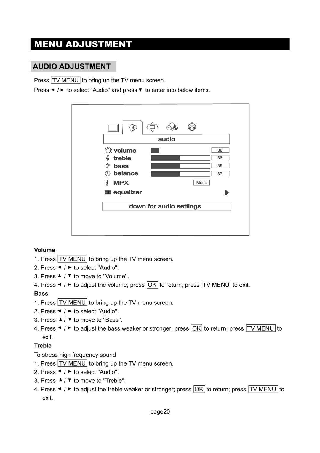 Initial Technology DTV-172 manual Audio Adjustment, Volume, Bass, Treble 