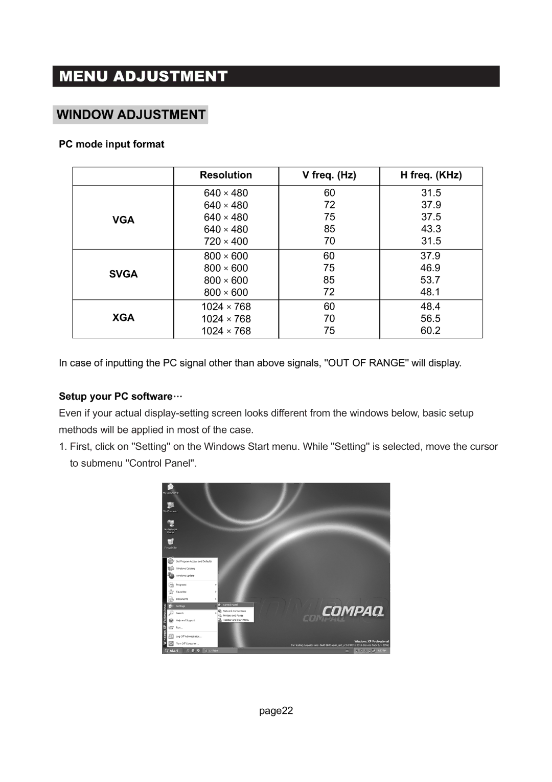 Initial Technology DTV-172 Window Adjustment, PC mode input format Resolution Freq. Hz Freq. KHz, Setup your PC software… 