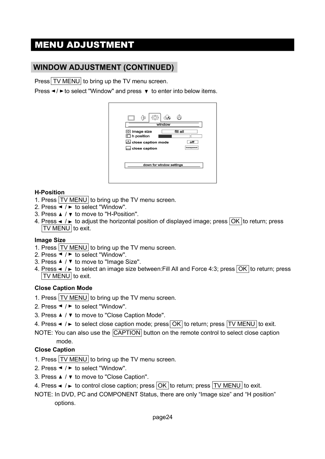 Initial Technology DTV-172 manual Position, Image Size, Close Caption Mode 