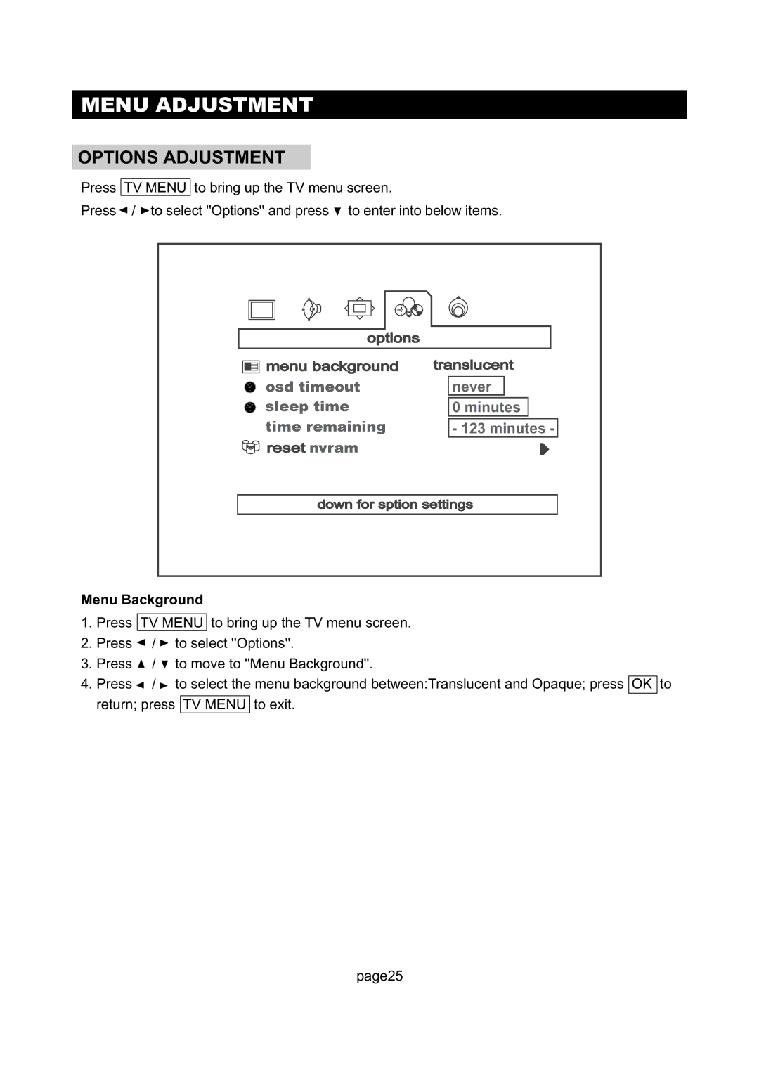 Initial Technology DTV-172 manual Options Adjustment, Menu Background 