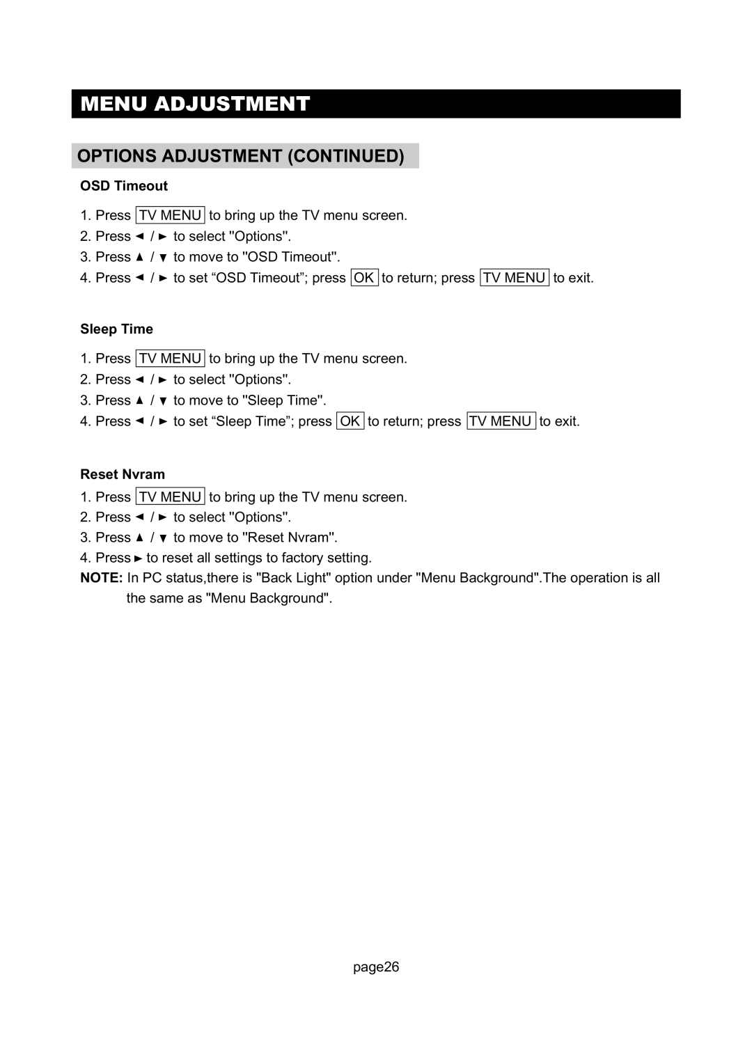 Initial Technology DTV-172 manual OSD Timeout, Sleep Time, Reset Nvram 