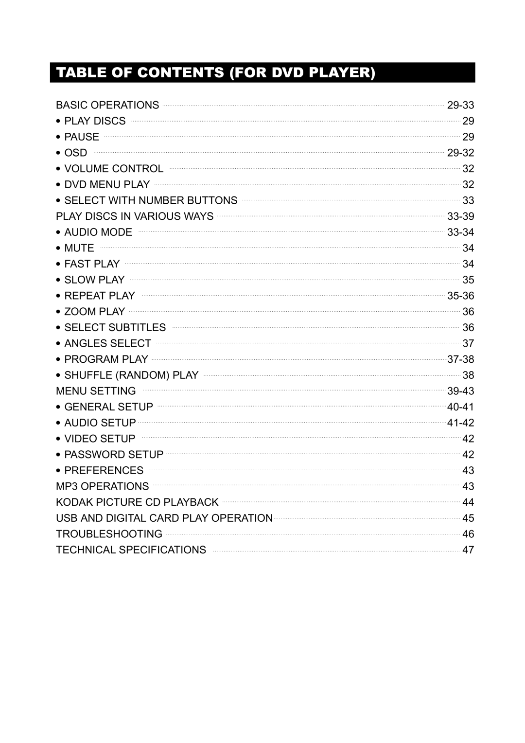 Initial Technology DTV-172 manual Table of Contents for DVD Player 