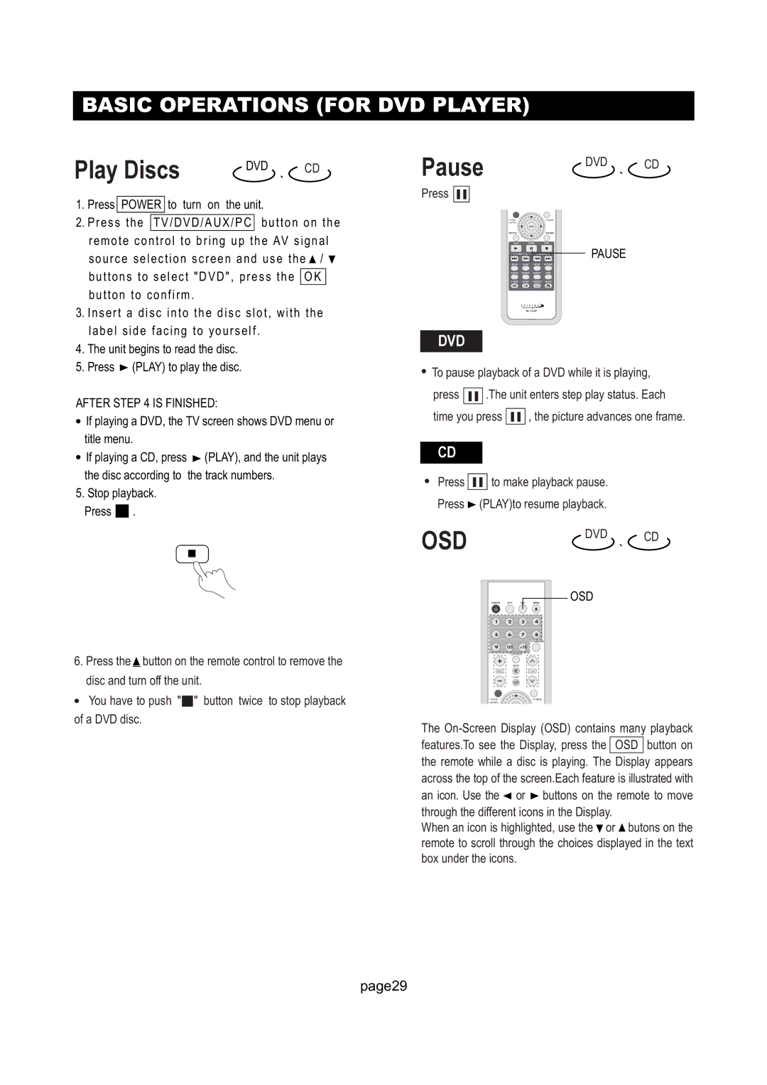 Initial Technology DTV-172 manual Play Discs, Basic Operations for DVD Player, Dvd 、 Cd, After is Finished, Osd 