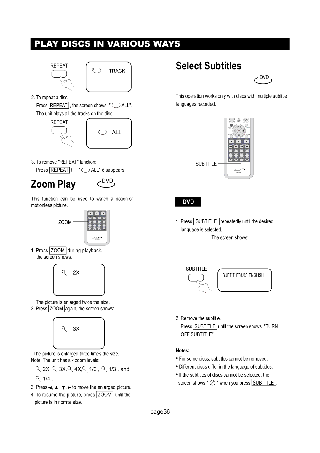 Initial Technology DTV-172 manual Zoom Play, Select Subtitles 