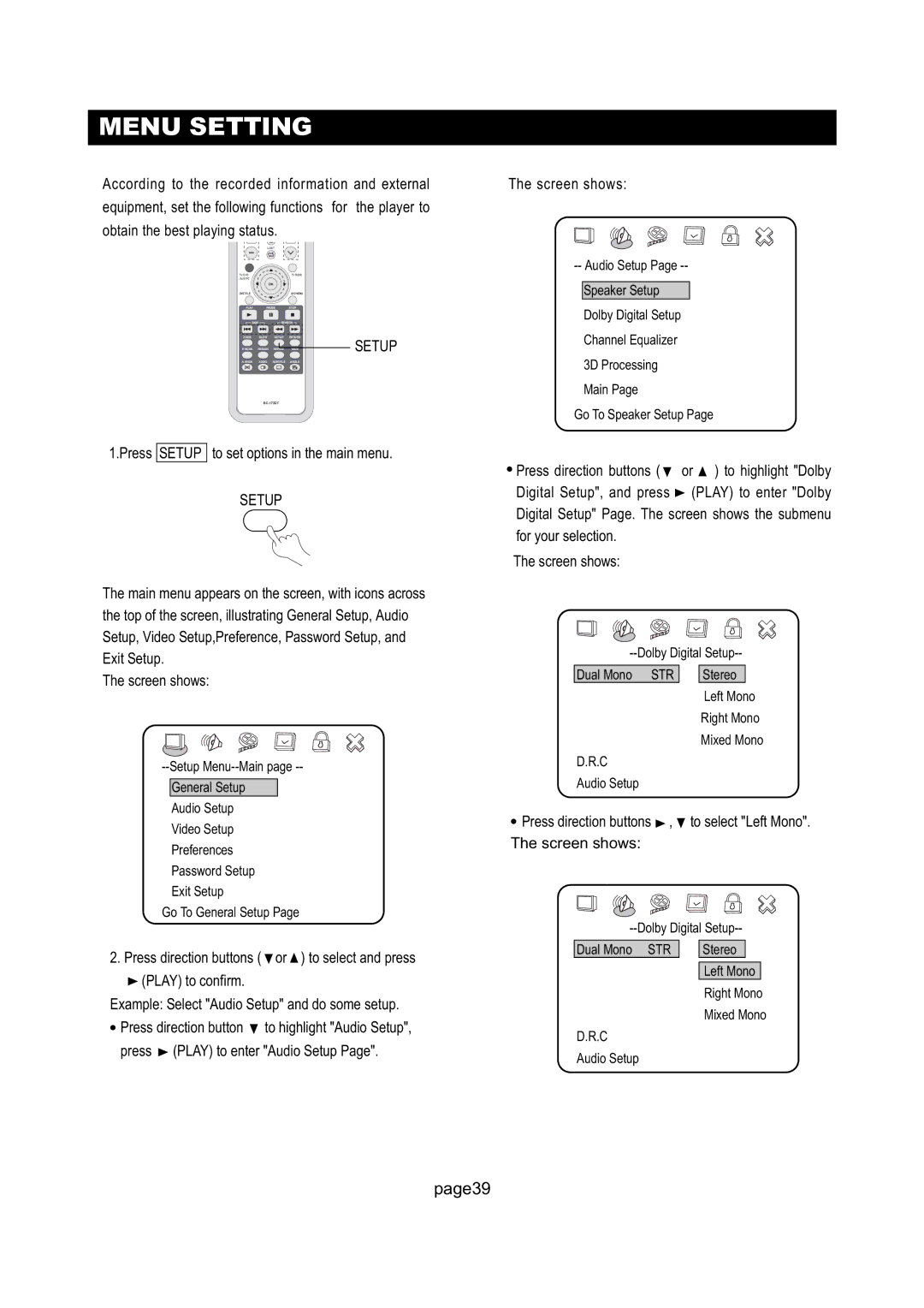 Initial Technology DTV-172 manual Menu Setting, Setup 