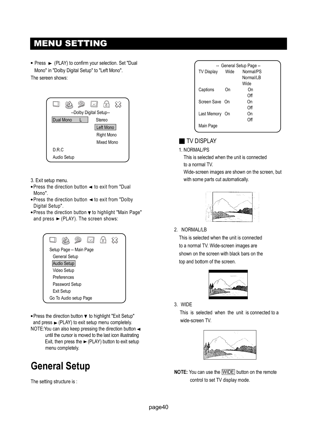 Initial Technology DTV-172 manual General Setup, Normal/Ps, Normal/Lb, Wide 