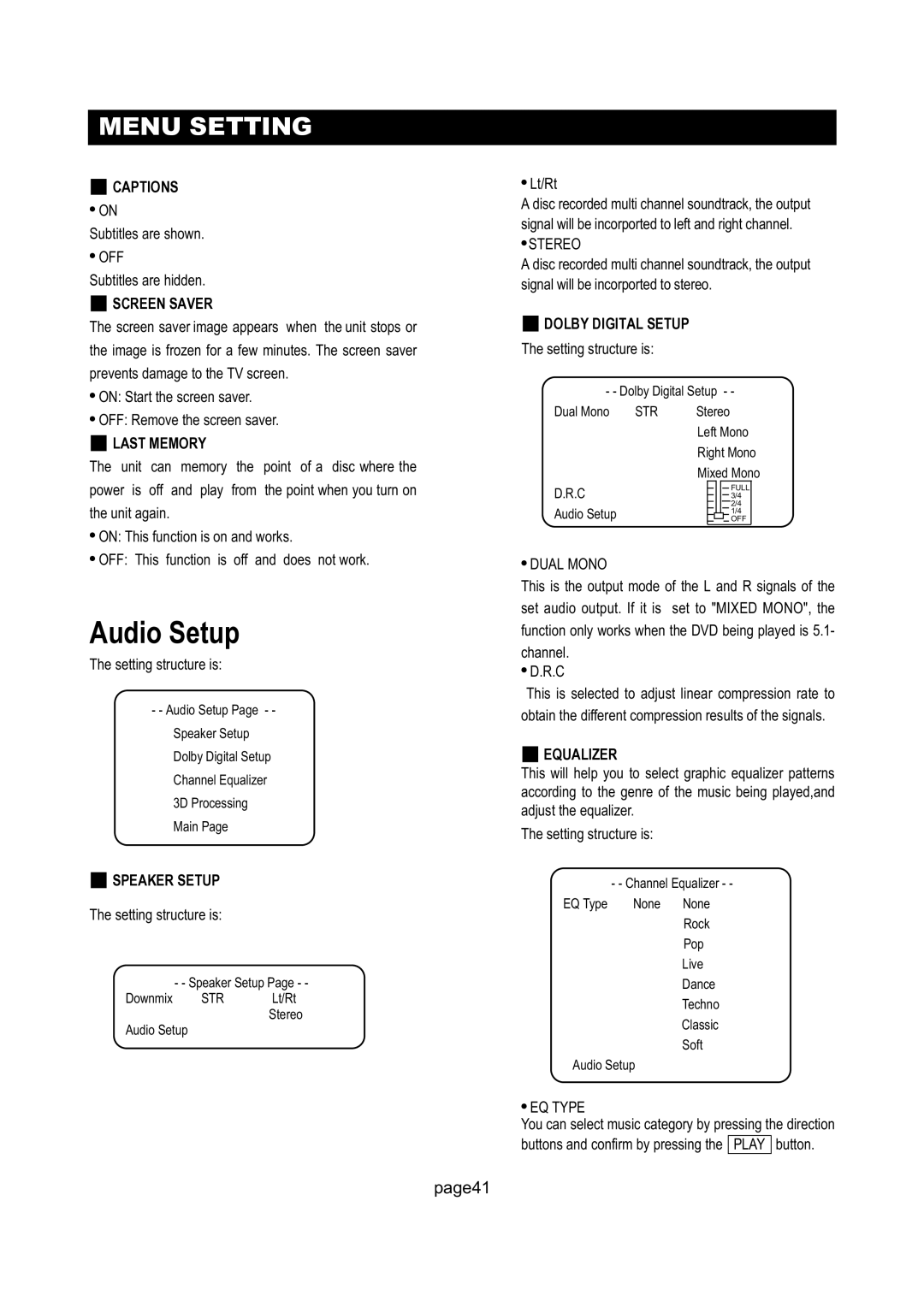 Initial Technology DTV-172 manual Audio Setup, Off, Dual Mono, EQ Type 