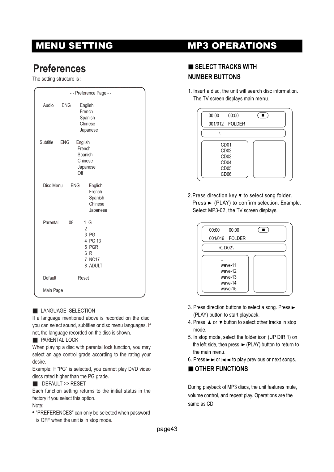 Initial Technology DTV-172 manual Preferences, MP3 Operations, Language Selection, Parental Lock, Default Reset 