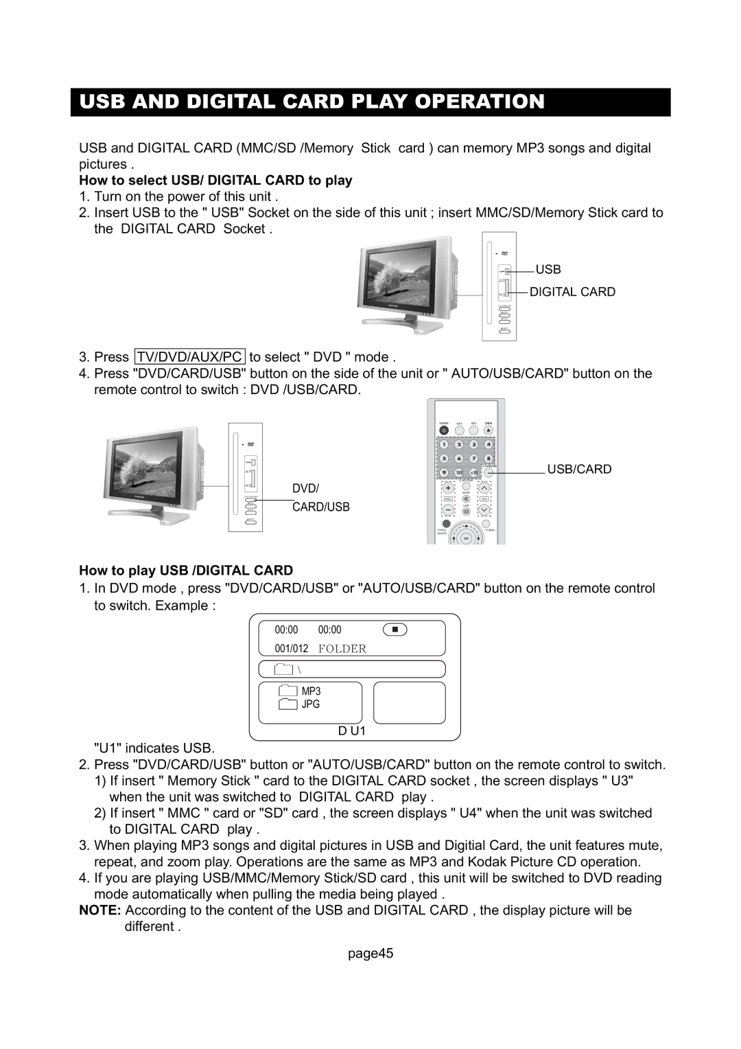 Initial Technology DTV-172 manual USB and Digital Card Play Operation, How to select USB/ Digital Card to play 