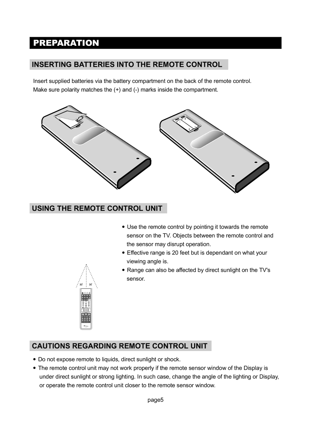 Initial Technology DTV-172 manual Preparation, Inserting Batteries Into the Remote Control, Using the Remote Control Unit 