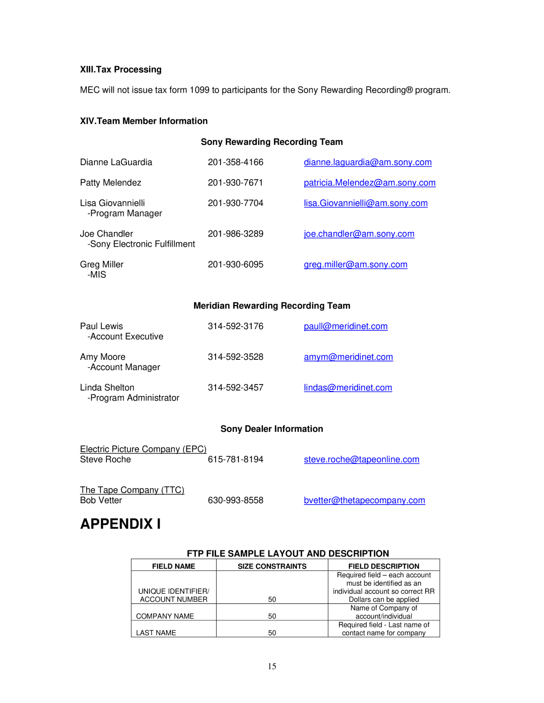 Initial Technology Recorder manual XIII.Tax Processing, XIV.Team Member Information Sony Rewarding Recording Team 