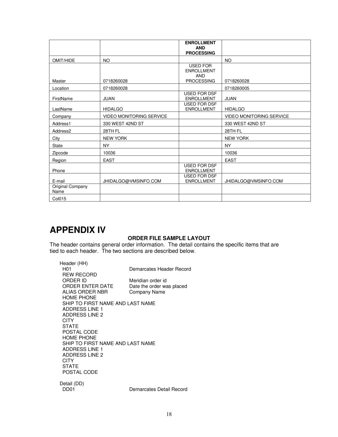 Initial Technology Recorder manual Order File Sample Layout, Processing 