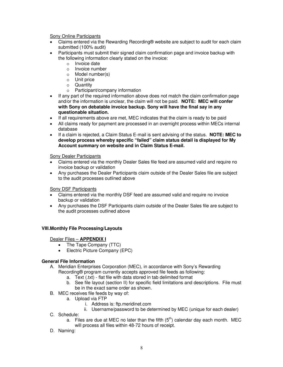 Initial Technology Recorder manual VIII.Monthly File Processing/Layouts, General File Information 