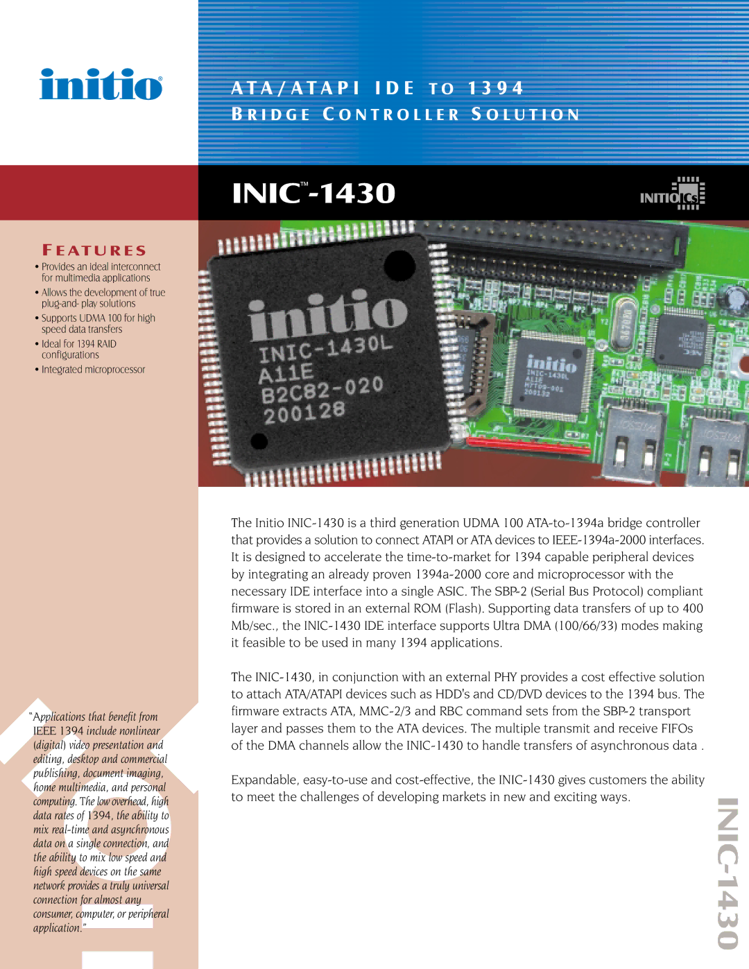 Initio manual INIC-1430, A T U R E S, Integrated microprocessor 