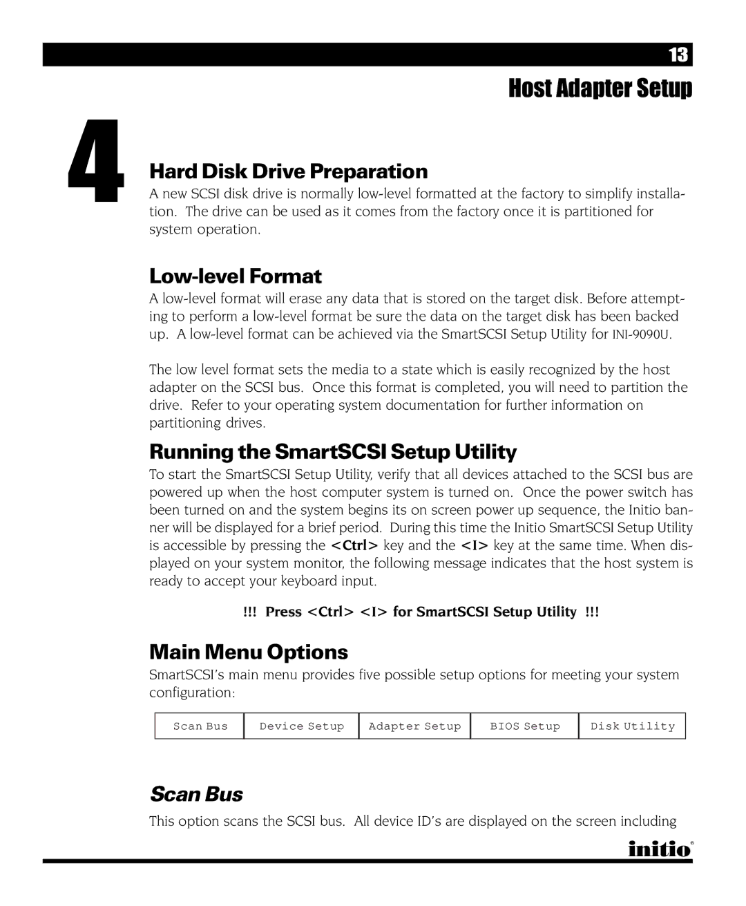 Initio INI-9090U manual Host Adapter Setup 