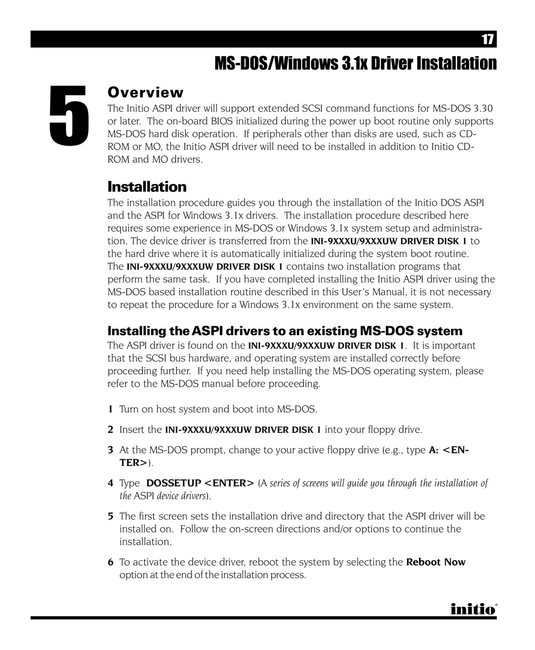 Initio INI-9090U manual MS-DOS/Windows 3.1x Driver Installation, Overview 