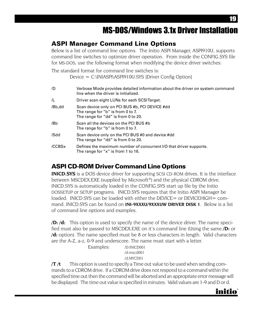 Initio INI-9090U manual Aspi Manager Command Line Options, Aspi CD-ROM Driver Command Line Options 