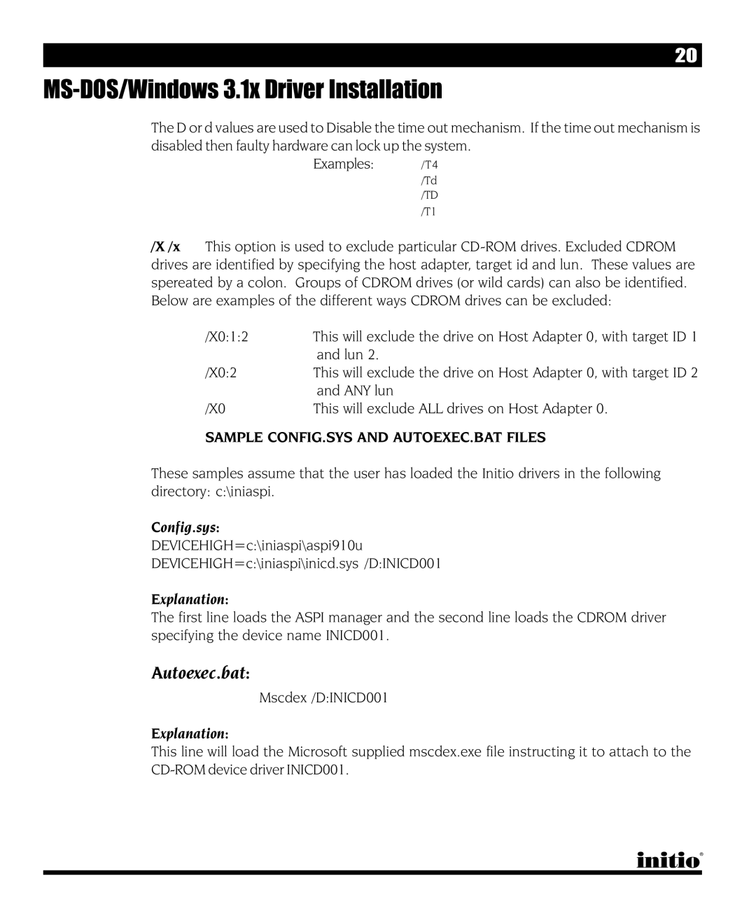 Initio INI-9090U manual Autoexec.bat, Sample CONFIG.SYS and AUTOEXEC.BAT Files 