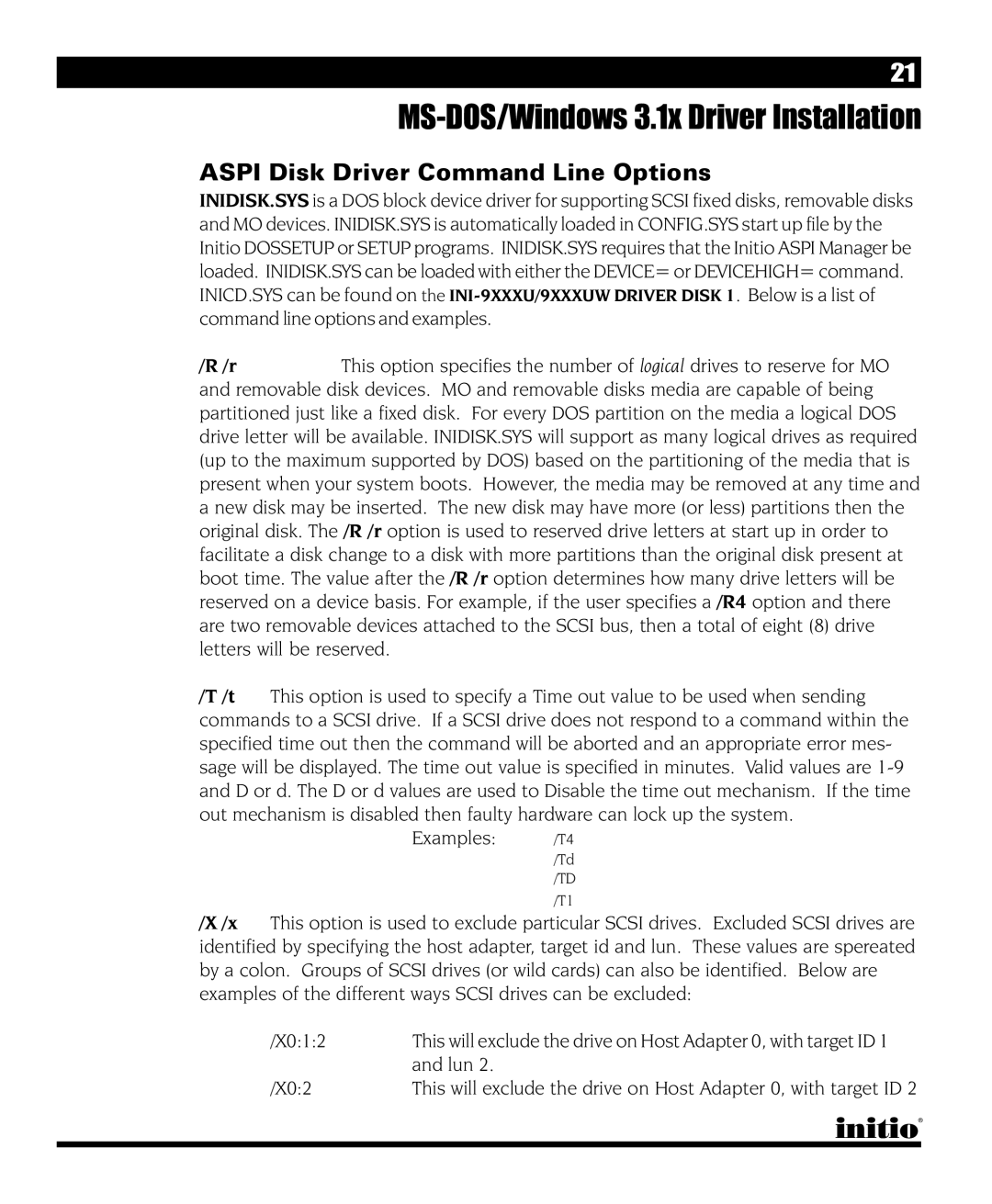 Initio INI-9090U manual Aspi Disk Driver Command Line Options 