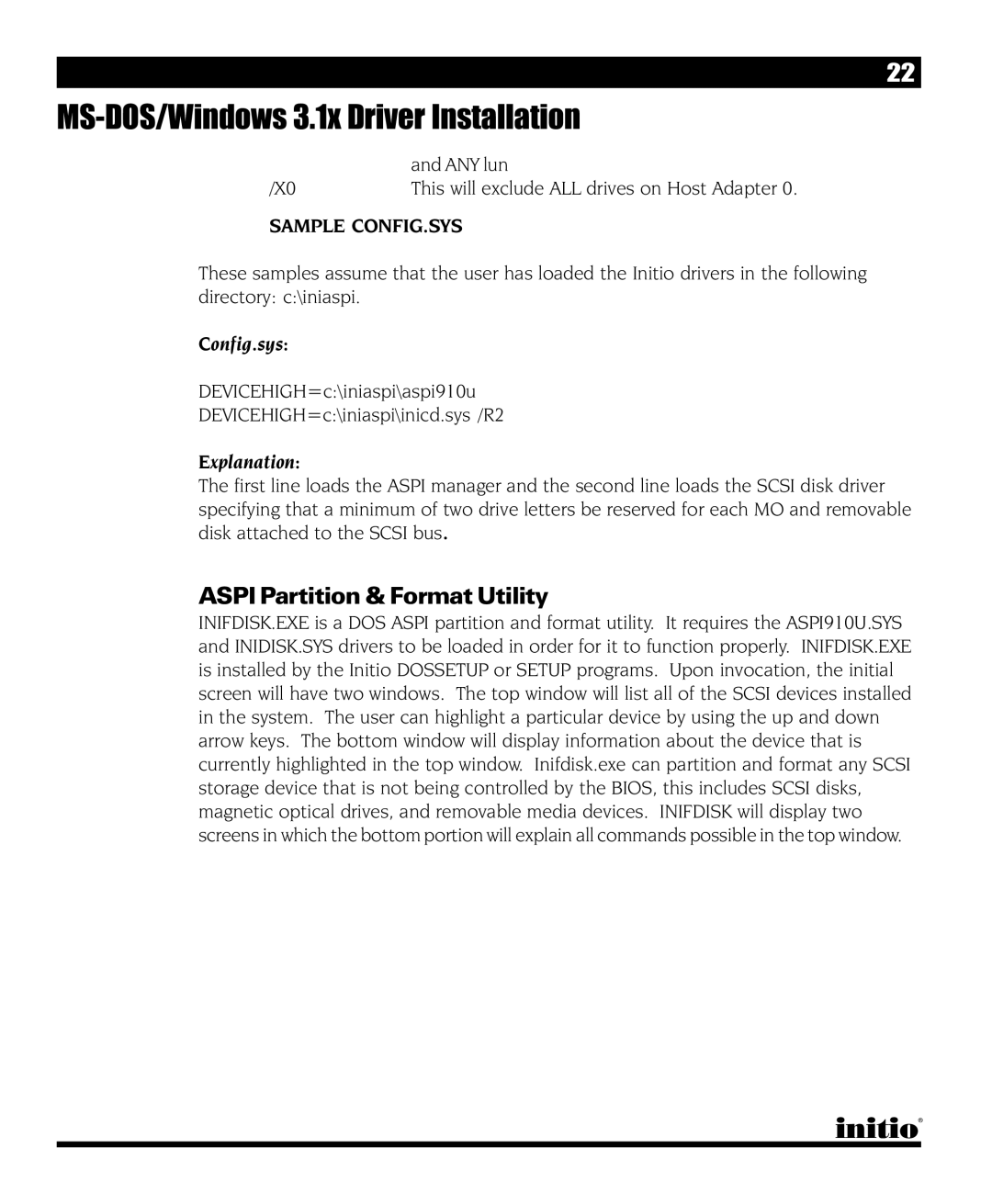 Initio INI-9090U manual Aspi Partition & Format Utility, Sample CONFIG.SYS 