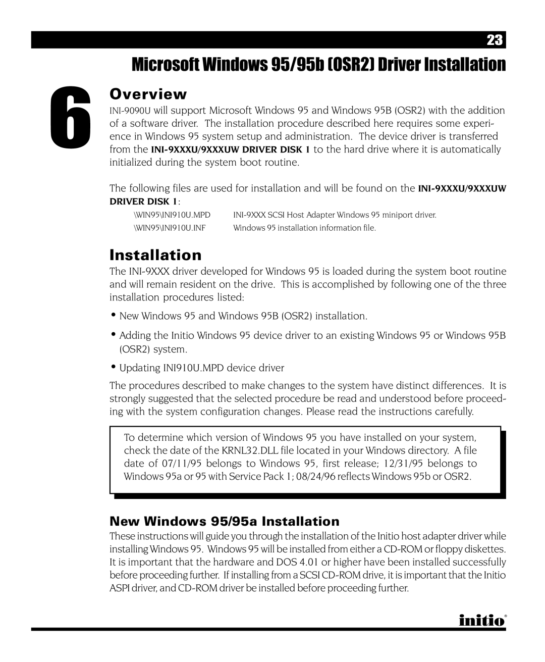 Initio INI-9090U manual Microsoft Windows 95/95b OSR2 Driver Installation, New Windows 95/95a Installation 