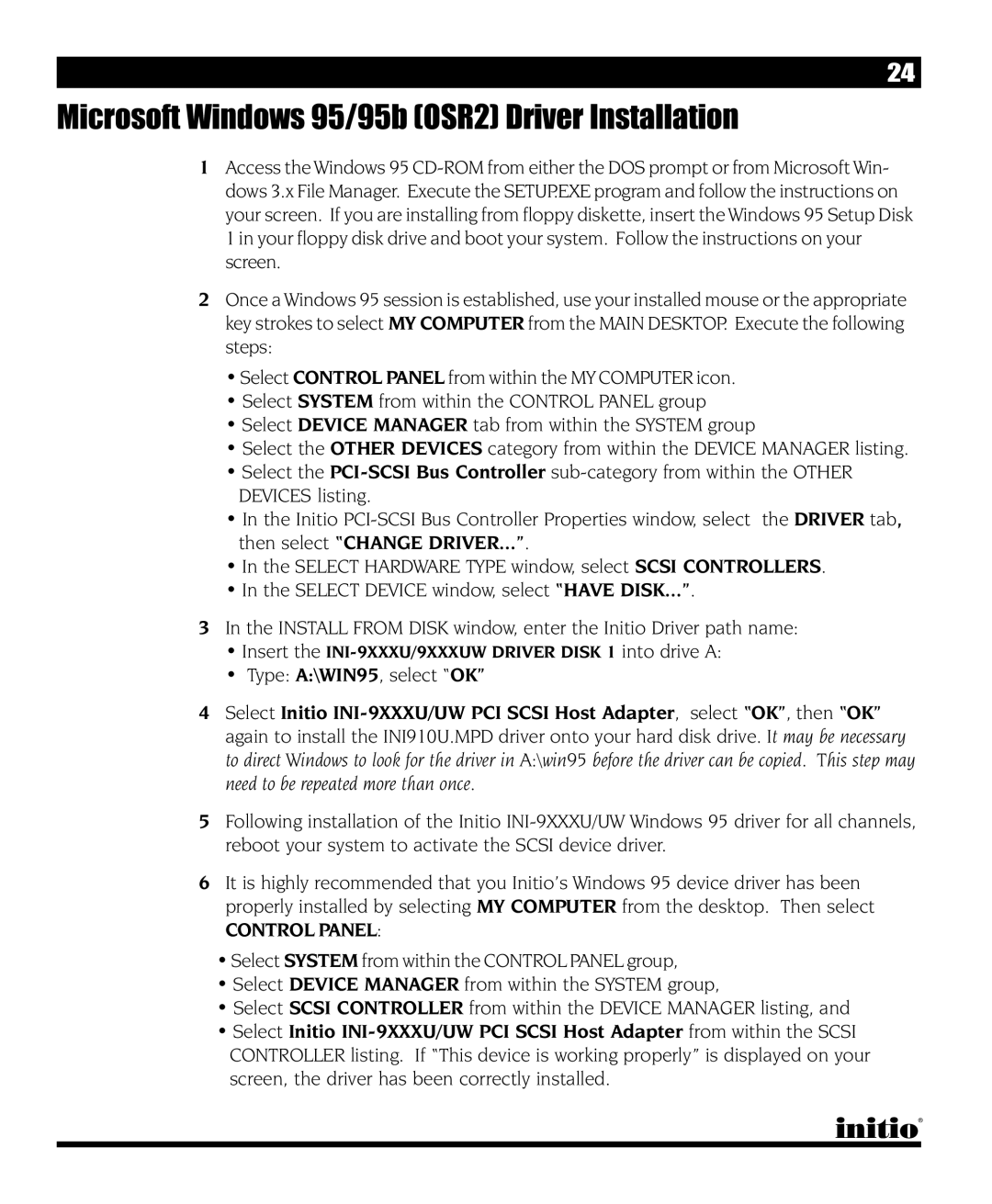 Initio INI-9090U manual Microsoft Windows 95/95b OSR2 Driver Installation, Control Panel 