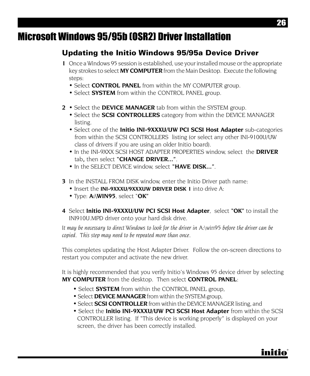 Initio INI-9090U manual Updating the Initio Windows 95/95a Device Driver 