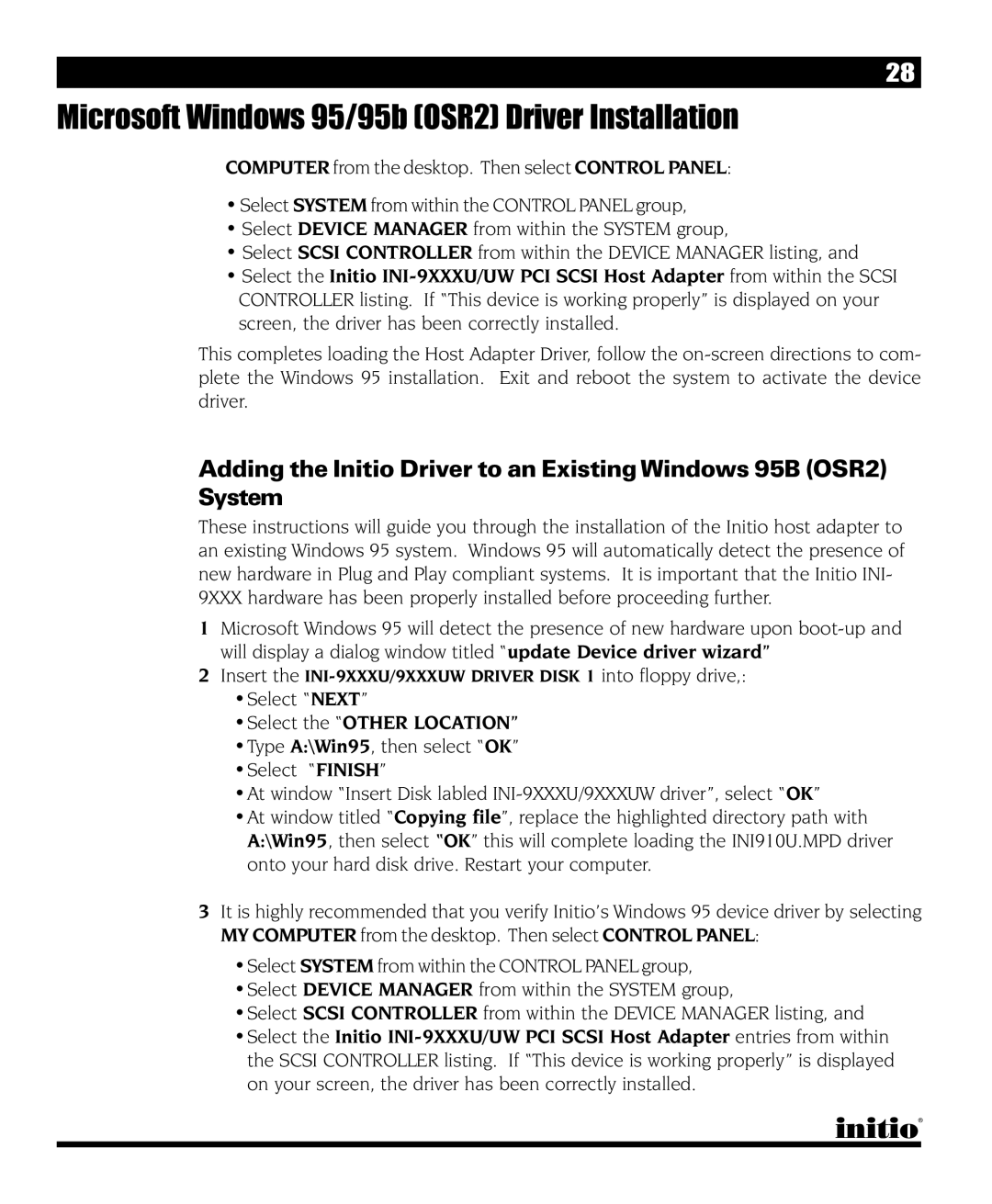 Initio INI-9090U manual Microsoft Windows 95/95b OSR2 Driver Installation 