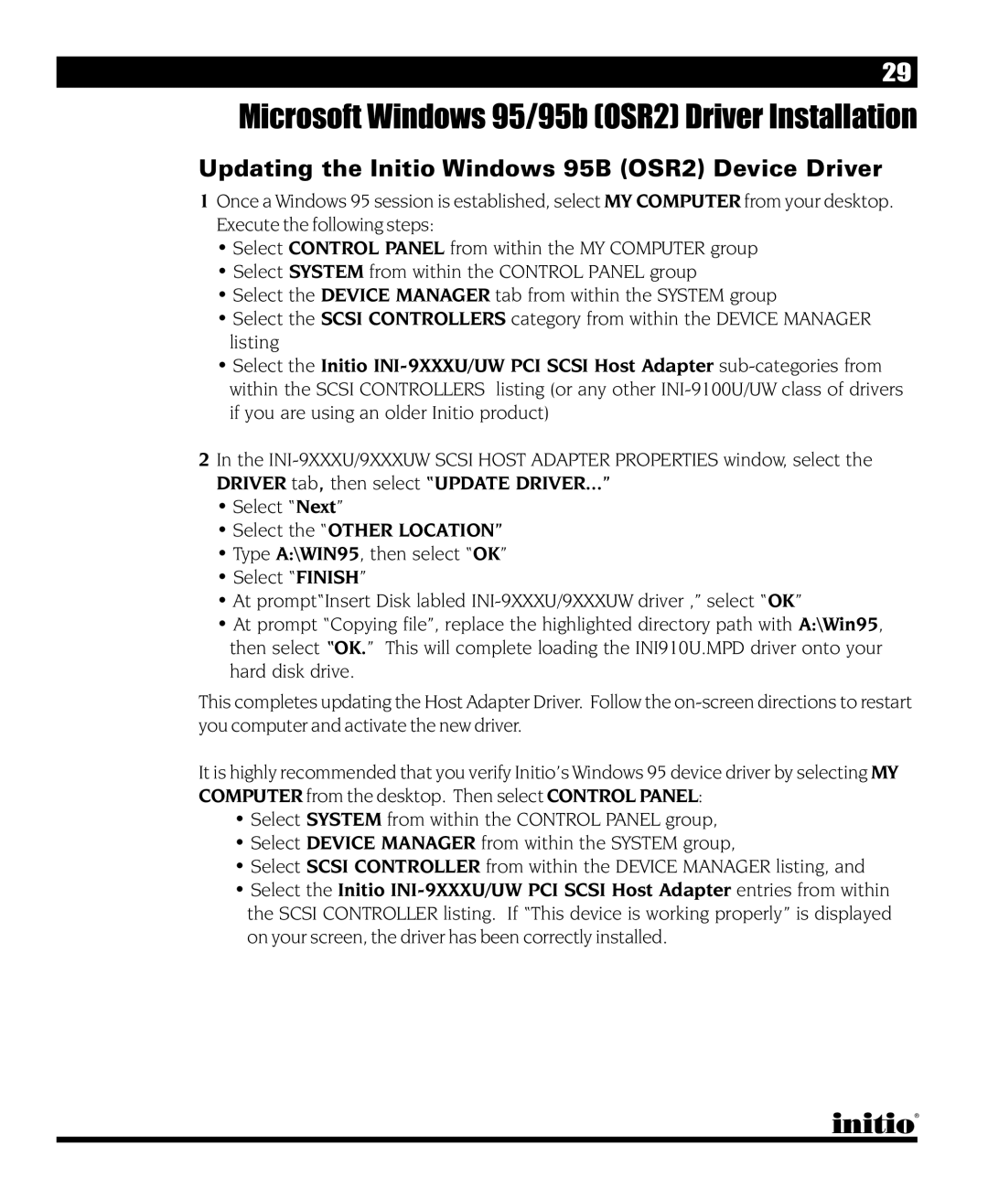 Initio INI-9090U manual Updating the Initio Windows 95B OSR2 Device Driver 