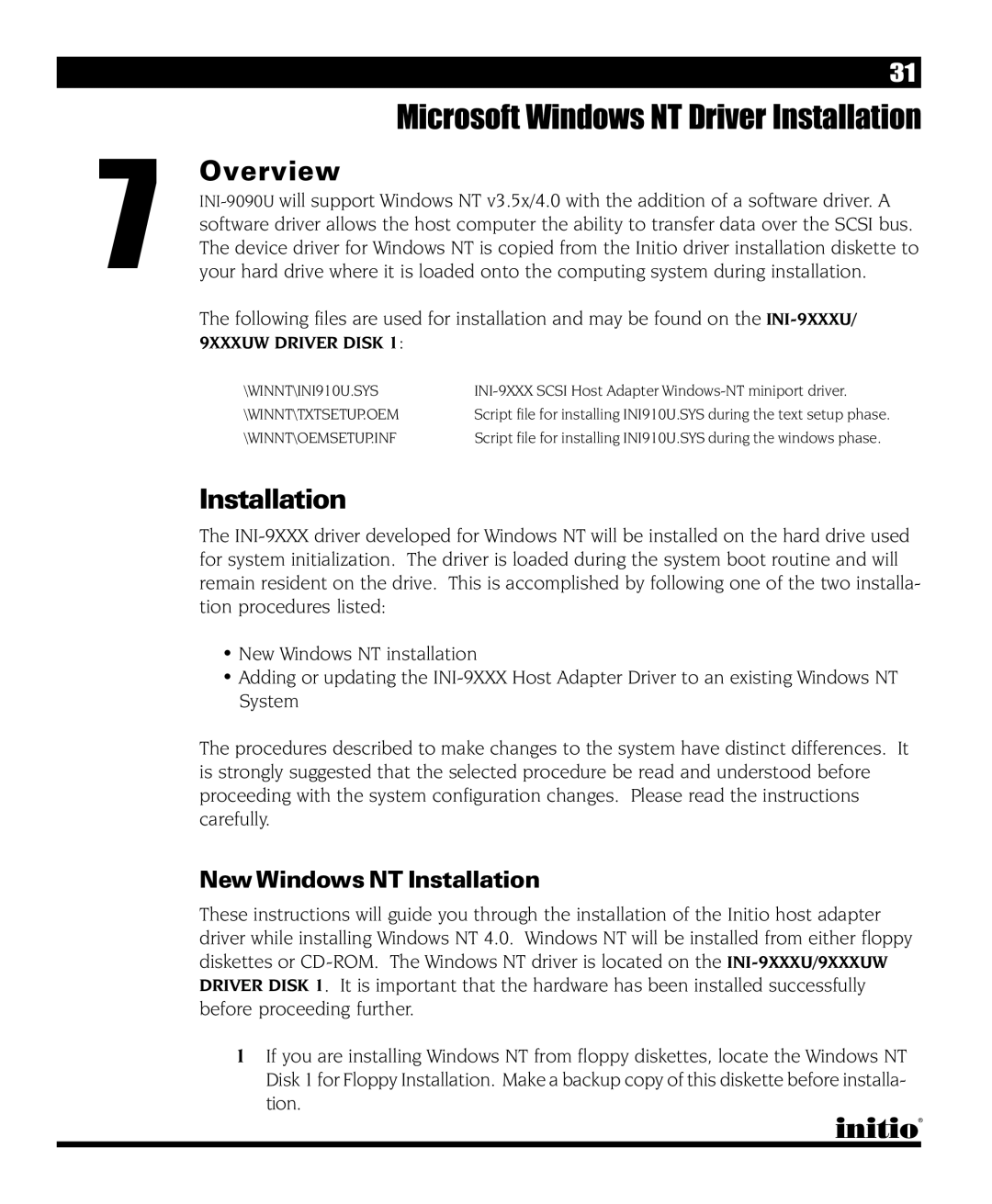 Initio INI-9090U manual Microsoft Windows NT Driver Installation, NewWindows NT Installation 