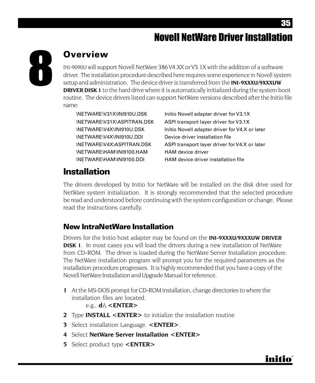 Initio INI-9090U manual Novell NetWare Driver Installation, New IntraNetWare Installation 