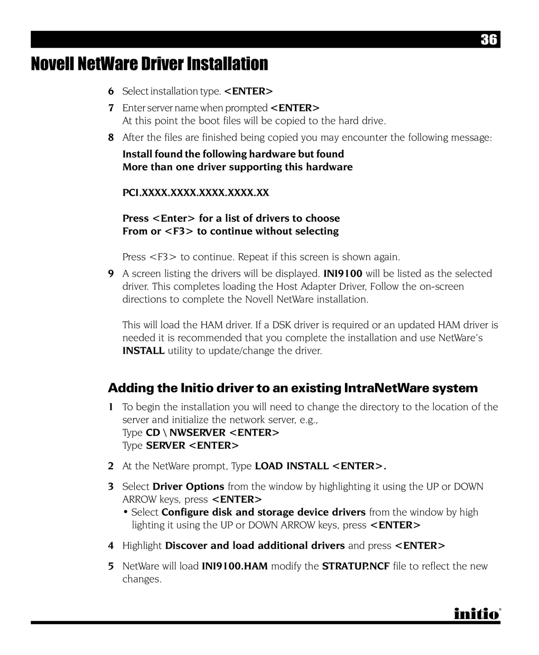 Initio INI-9090U manual Novell NetWare Driver Installation, Adding the Initio driver to an existing IntraNetWare system 