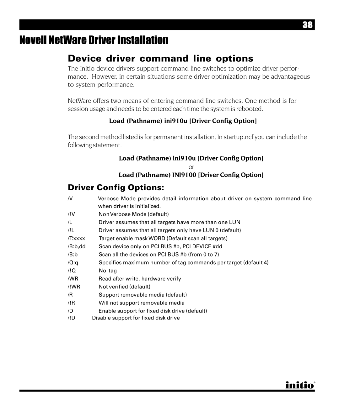 Initio INI-9090U manual Device driver command line options, Driver Config Options 