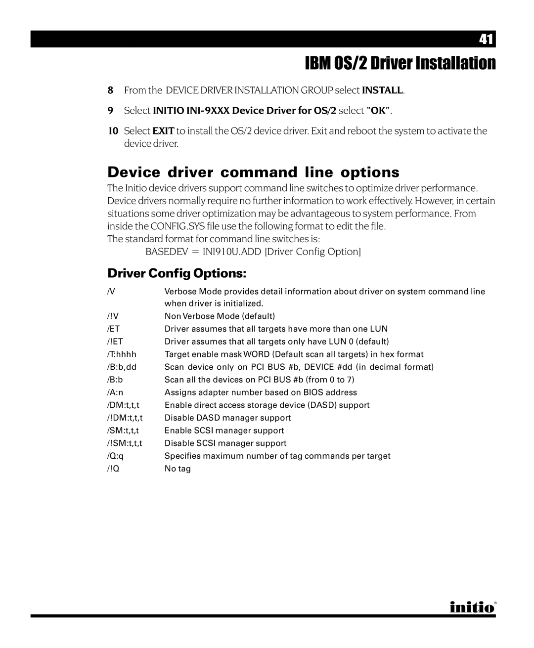 Initio INI-9090U manual Device driver command line options 