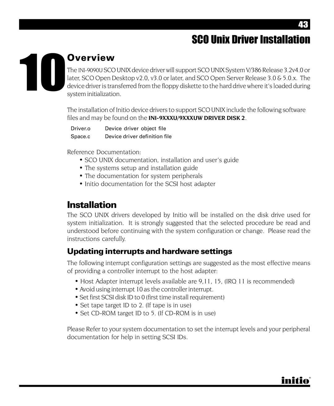 Initio INI-9090U manual SCO Unix Driver Installation, 10Overview, Updating interrupts and hardware settings 