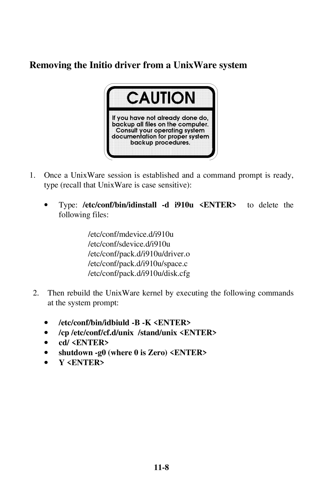 Initio INI-9100UW user manual Removing the Initio driver from a UnixWare system, 11-8 