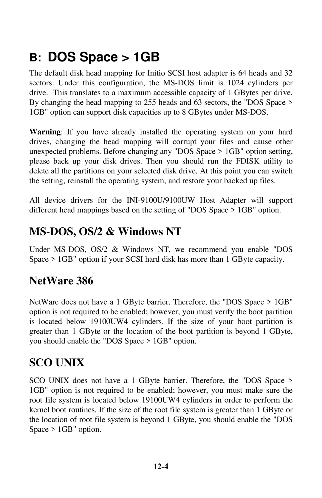 Initio INI-9100UW user manual DOS Space 1GB, MS-DOS, OS/2 & Windows NT, NetWare, 12-4 