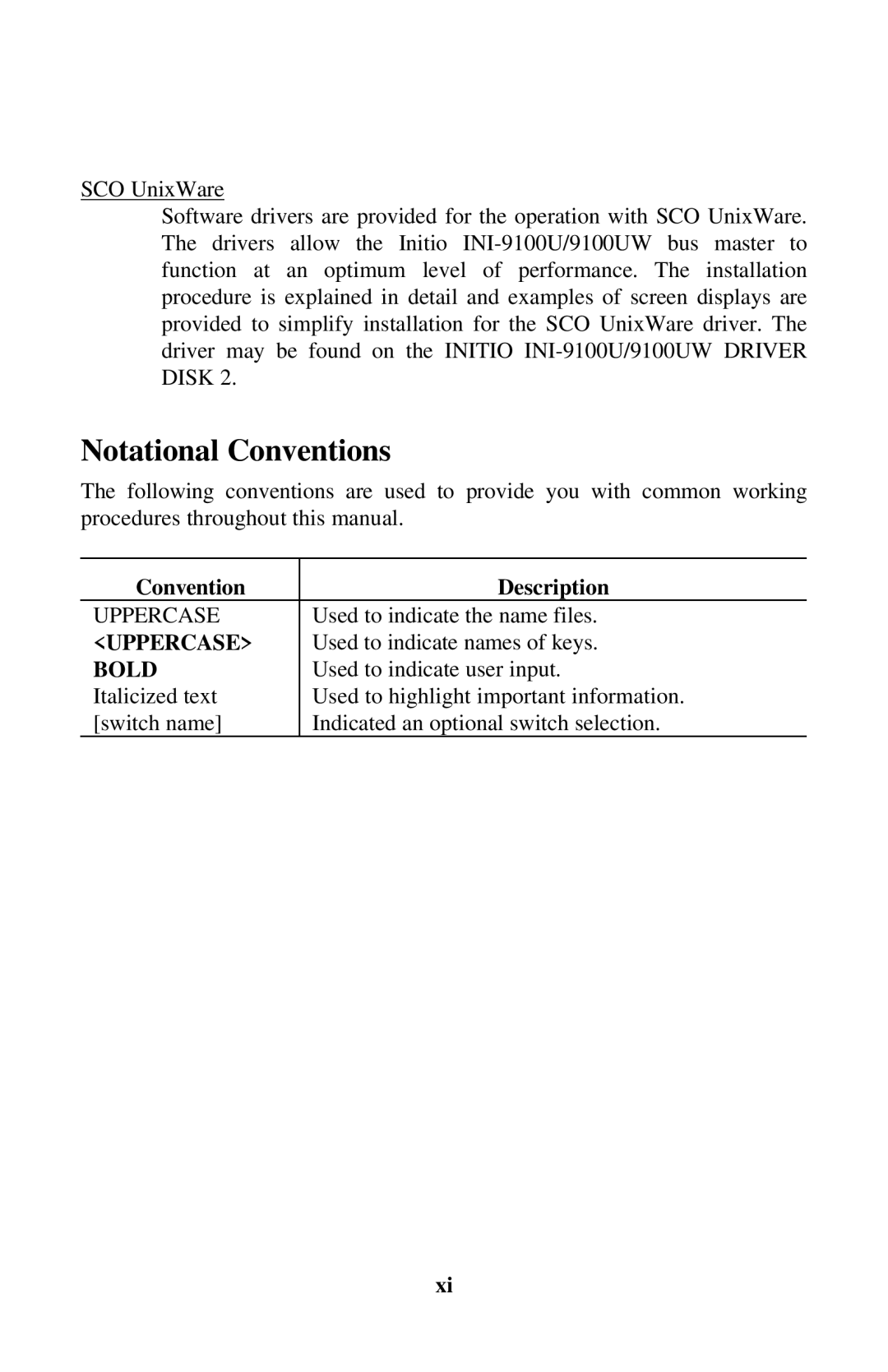 Initio INI-9100UW user manual Notational Conventions, Convention Description 