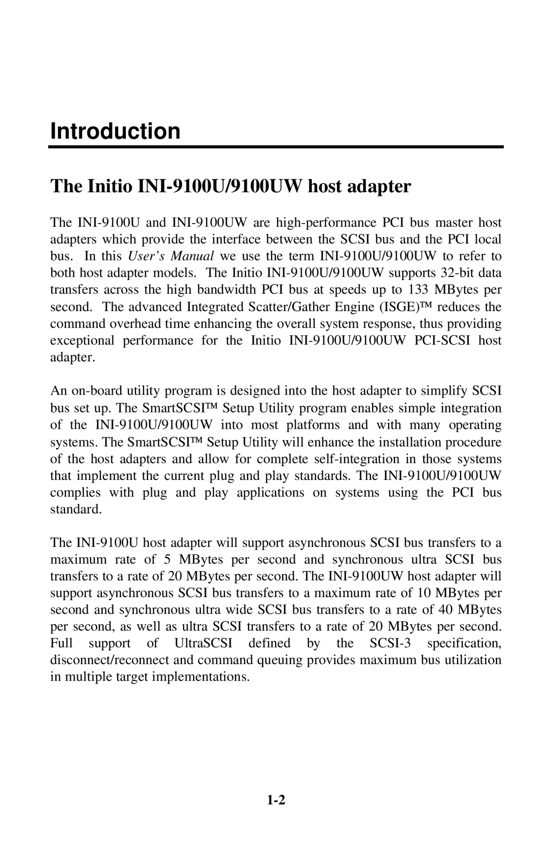 Initio INI-9100UW user manual Introduction, Initio INI-9100U/9100UW host adapter 