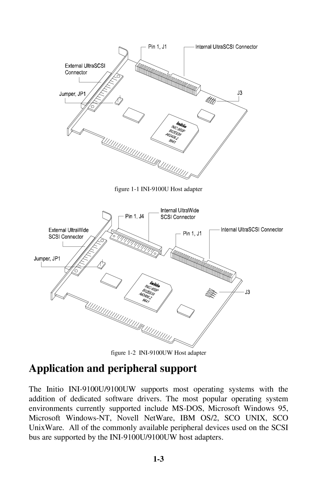 Initio INI-9100UW user manual Application and peripheral support, INI-9100U Host adapter 