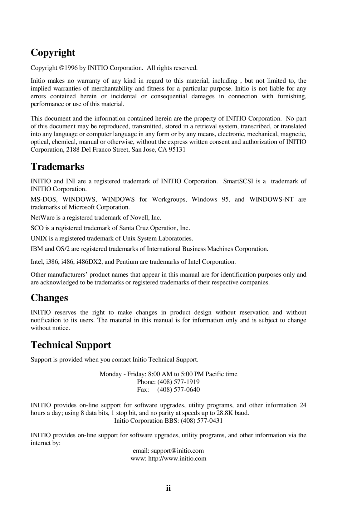 Initio INI-9100UW user manual Copyright, Trademarks, Changes, Technical Support 