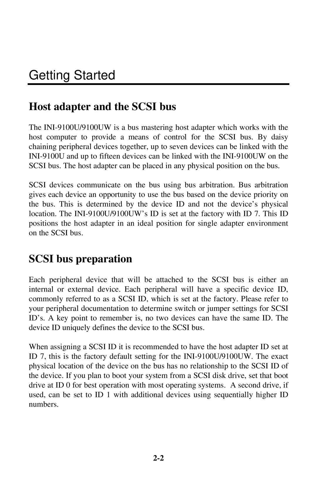 Initio INI-9100UW user manual Getting Started, Host adapter and the Scsi bus, Scsi bus preparation 